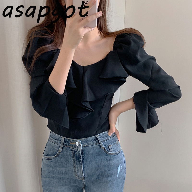 Temperament Shirts & Blouses Retro Slim V Neck Flare Sleeve Blouse Women Clothing Full Khaki Tops Elegant Chic Blusas De Mujer 210429