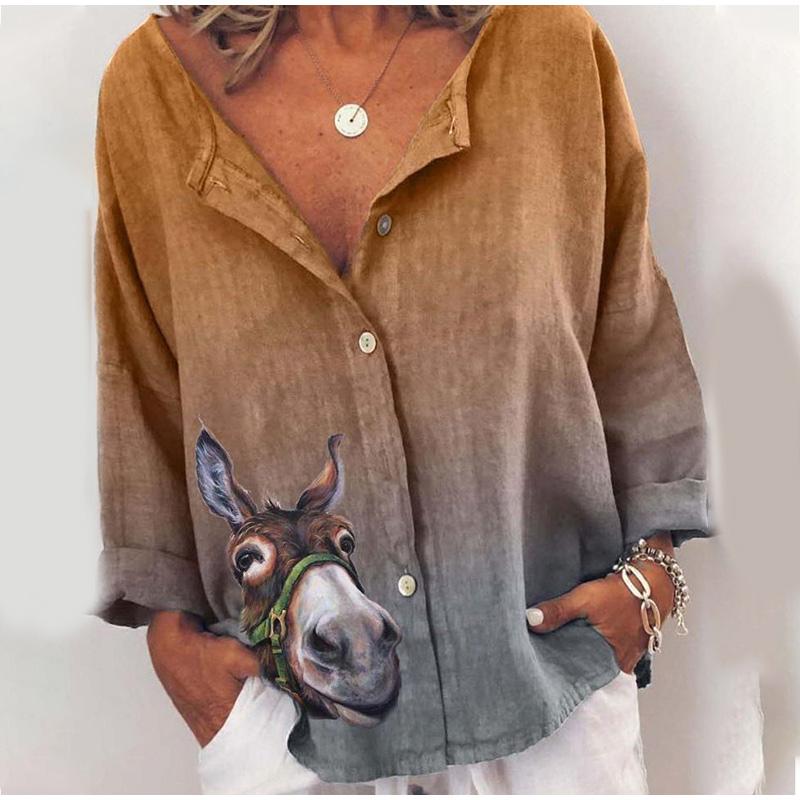 Autumn Women's Shirts Gradient Streetwear Donkey Print Loose Ladies Tops Long Sleeve Oversized Summer Female Casual Top Blouses &