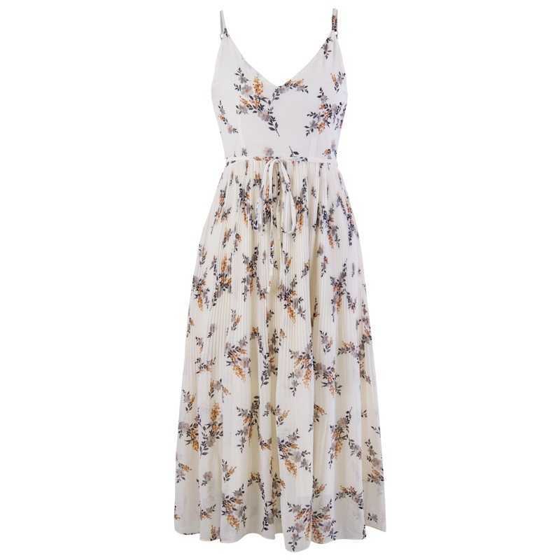 Casual Beach Style Sweet Camisole Pleated Dresses for Women Elegant Print Chiffon Silm Waist Office Lady Vestidos 210525