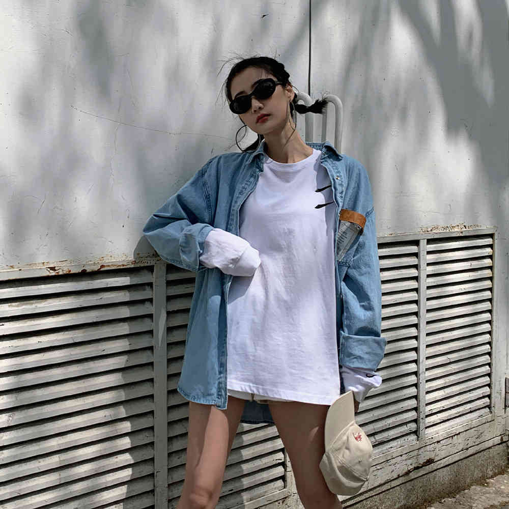 Spring Autumn Korea Fashion Women Long Sleeve Loose Denim Shirts Coat Vintage Blue Casual Turn-down Collar Blouse V39 210512