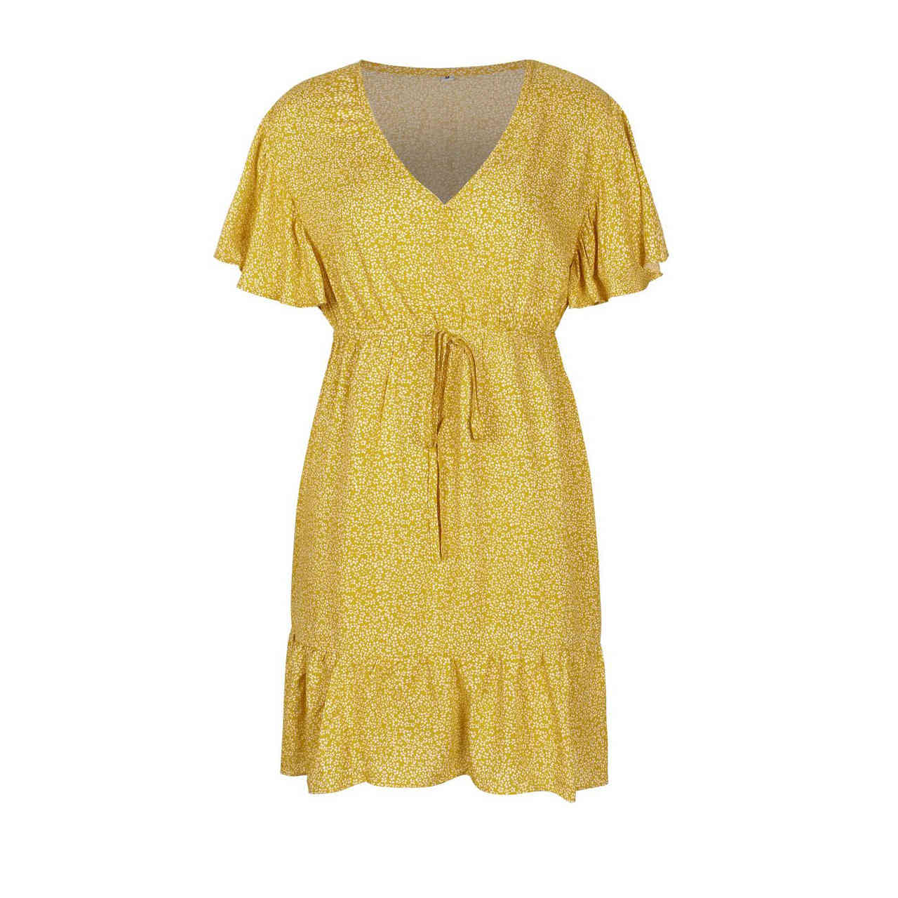 Women summer dresses Female V-neck Butterfly sleeve ruffles Women's mini Dress sweet female A-line pleated 210524