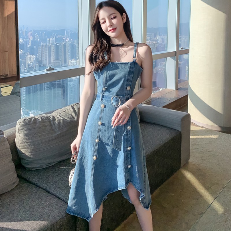 Sexy Women Spaghetti Strap Denim Dress Vestidos Pearl Double Breasted Fashion Slim Chic irregular Dresses Female 210519