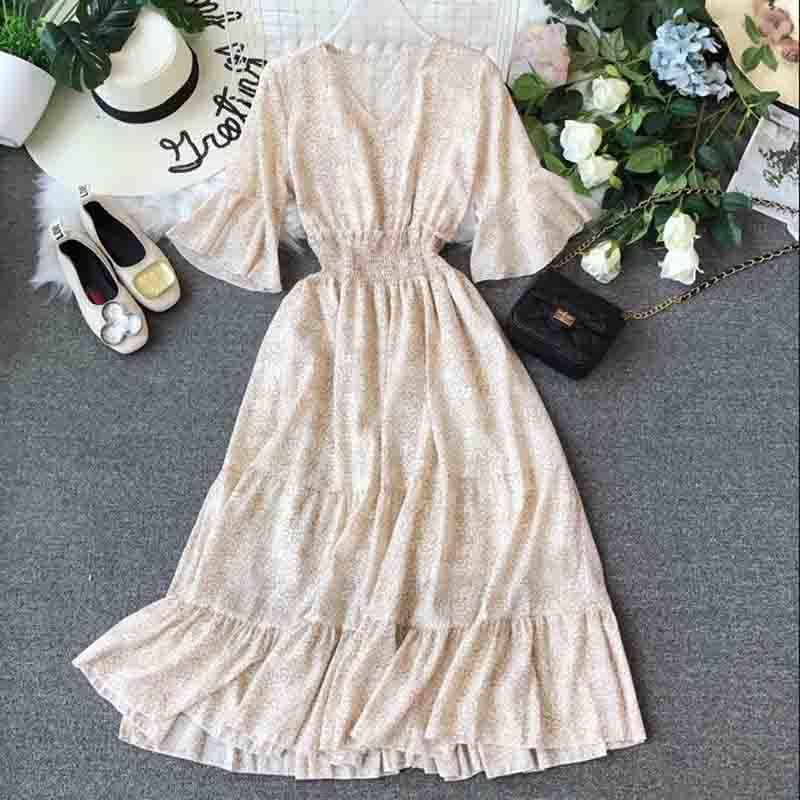 Fashion Summer Chiffon Dresses Women's Elastic Waist Print Long Dress Casual Ruffles Flare Sleeve Dress Party Vestidos 210521