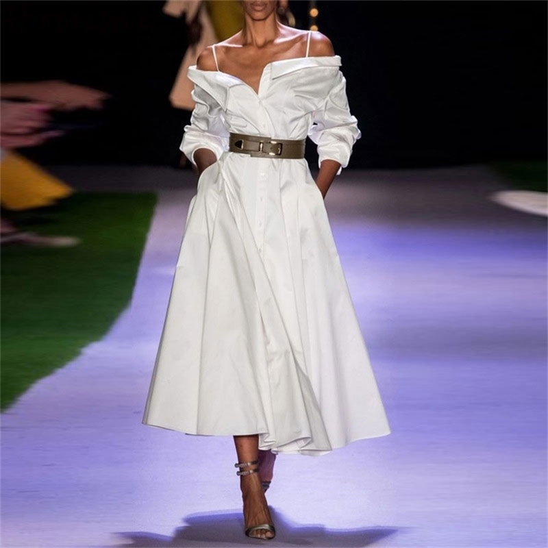 Shirt Collar Dress Slim Solid Color Simple Style Woman Slash Neck Casual A-Line Party Fashion Arrival 210513