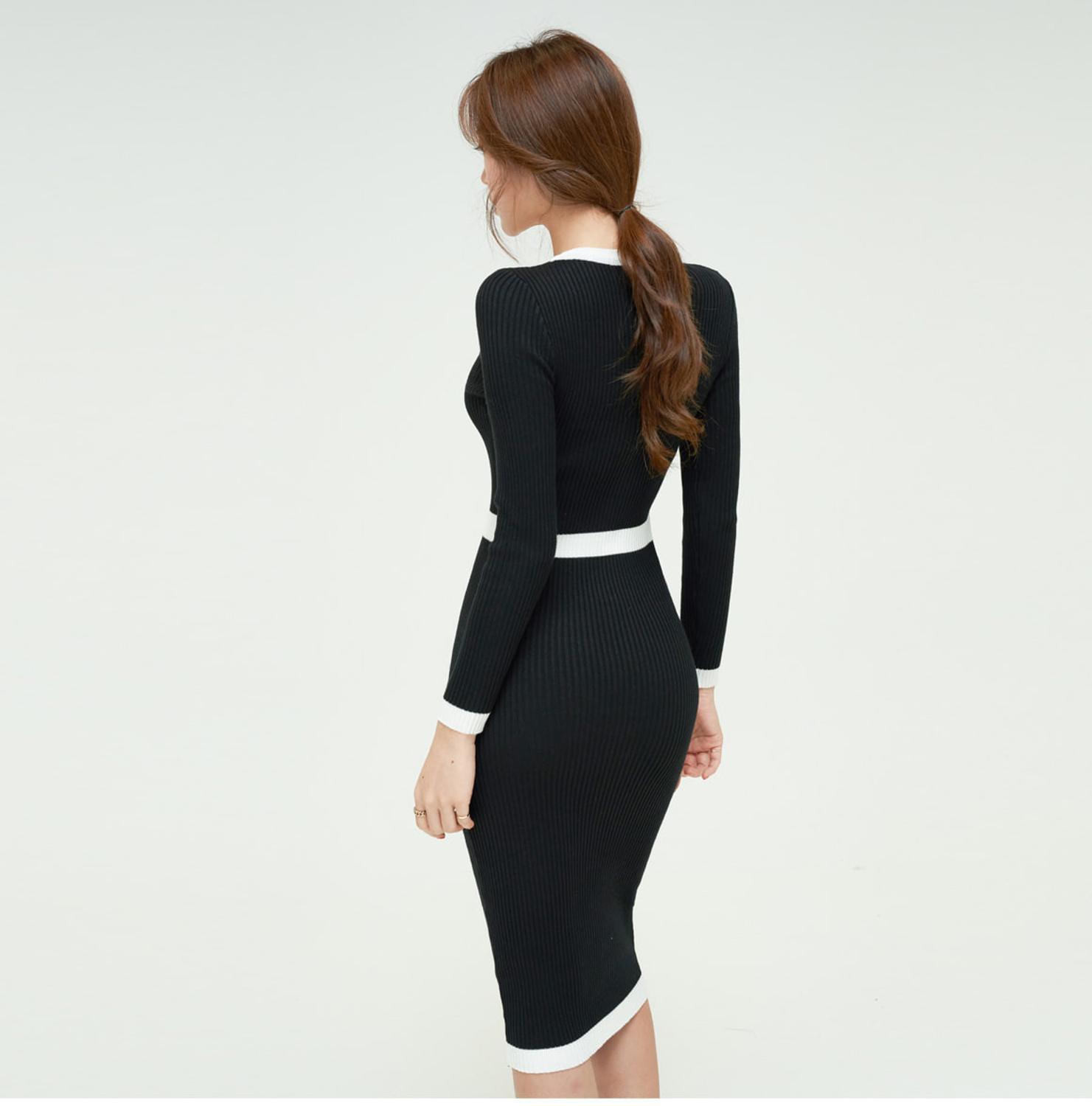 Women fashion Hit color single-breasted Buttons Knit Midi Dress Vestidos Autumn Winter Long Sleeve Knitted sweater sheath Dresse 210518