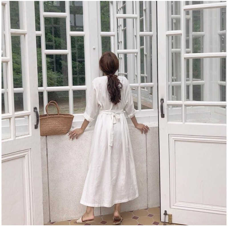 Women Dresses Spring Summer Cotton Linen Ladies Pleated Long White Dresses V Neck Lace Up Bow vestidos de verano R135 T200416