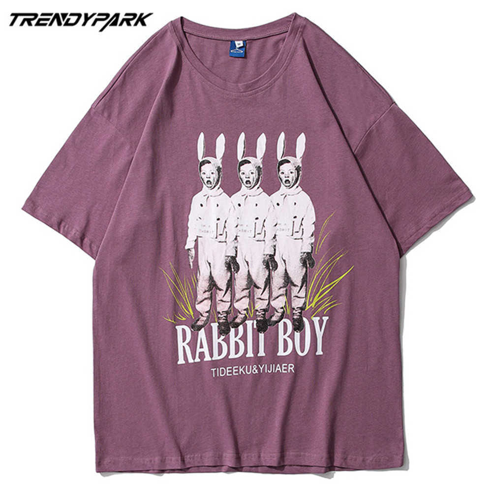 Men's T-shirt Summer Short Sleeve Funny Rabbits Boys Printed Tee Hip Hop Oversized Cotton Casual Harajuku Streetwear Top Tshirts 210601