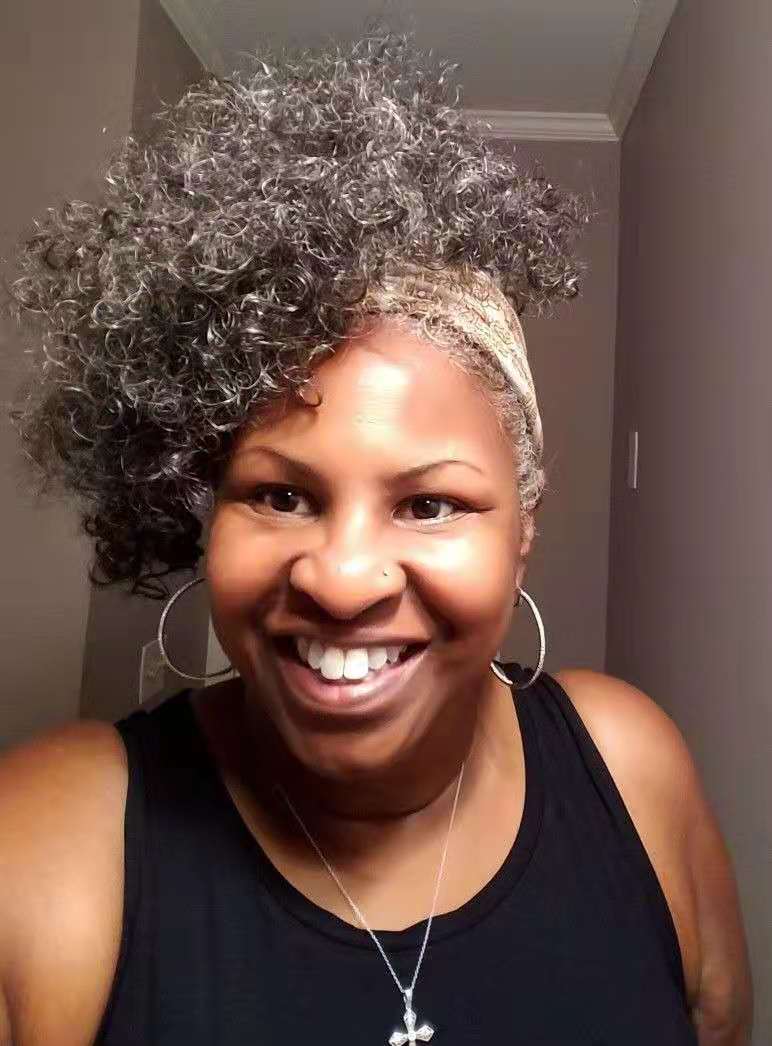 Natural highlights grey human ponytail extension Salt and pepper 4c clip in gray hair ponytails afro puff fringe bangs hairpiece