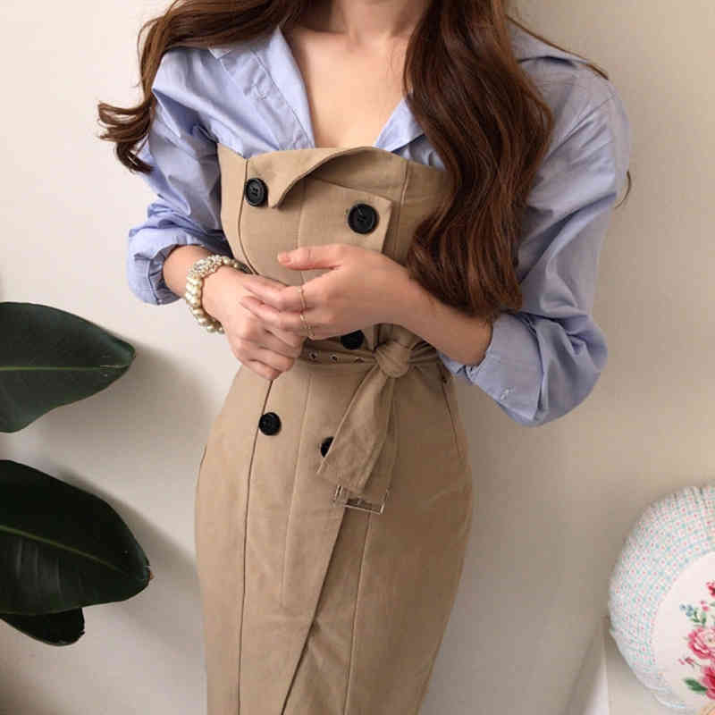 Korean 2 Piece Set Simple All-match Turn-down Collar Shirt + Double Breasted Drawstring Strapless Dress Autumn Chic Suit 210506