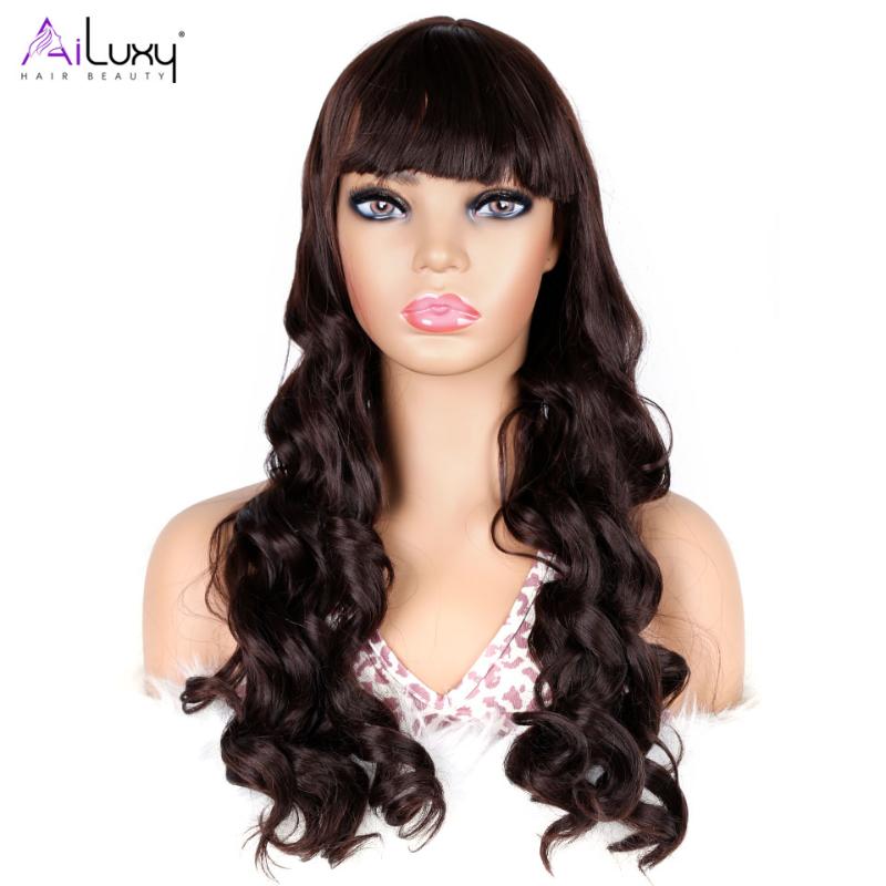Synthetic Wigs AILUXY Long Dark Brown Women's With Bangs Body Wave Heat Resistant For Black Women African American Hair