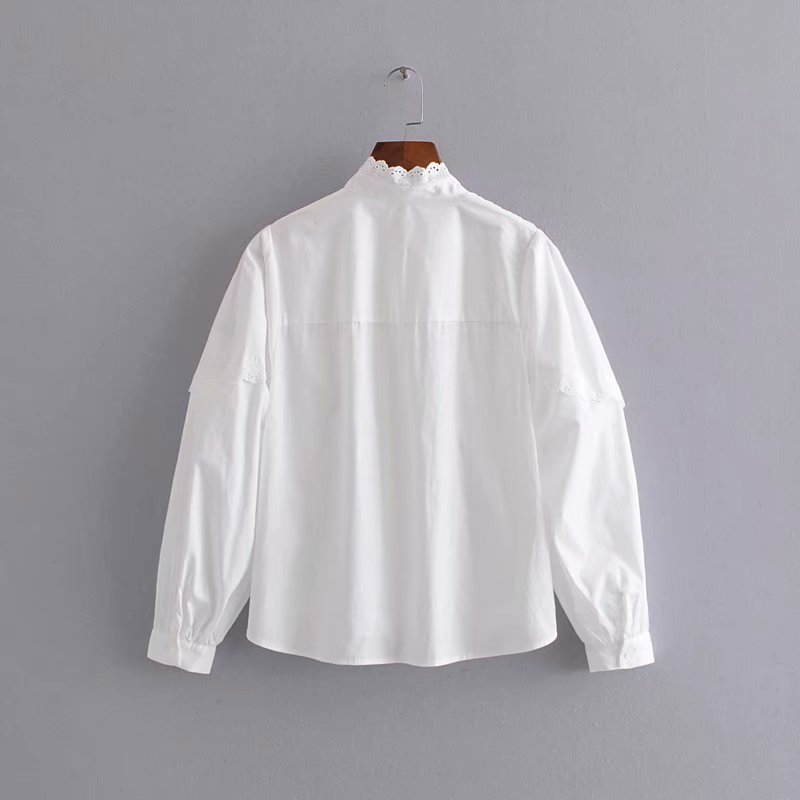 Chic Elegant Long Sleeve Button Up Women Shirt style Lace Mandarin Collar Ladies white Blouse Spring Female Clothing 210521