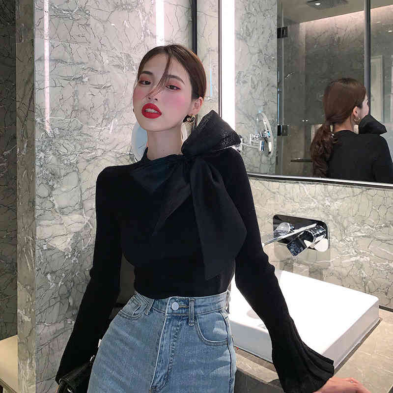 Women Pullovers Sweater Korean Elegant Bow Lacing Knitted Fashion Bottoming Jumper Office Ladies Tops Pull Femme 210519