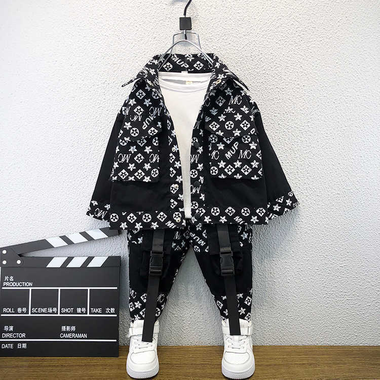 Kids Boy's Cool Shirt Coat Jacket Dungarees Pants Set Students Children's with Knee Pocket Two piece Outfits Sportswear