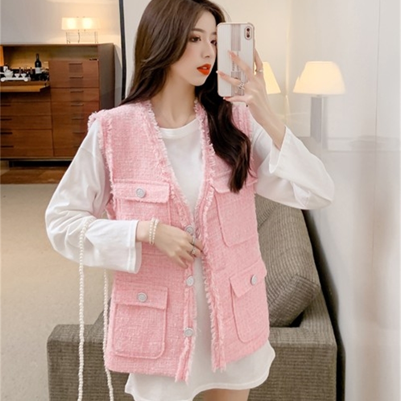 Spring Pink Tweed Vest Women's Fashion Cardigan Retro Solid Sleeveless Single Breasted Casual Tassel Coat 210519