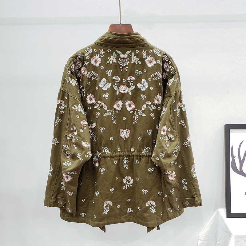 Autumn Streetwear Fashion Embroidery Flowers Beading Trench Coat Women Mid Long Tooling Drawstring Black Windbreaker Female 210914