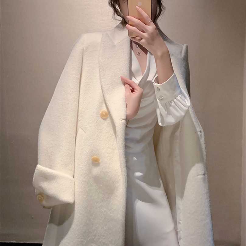 Lautaro Long Warm White Fluffy Faux Fur Trench Coat for Women Sashes Double Breasted Winter Clothes women Korean Fashion 211123