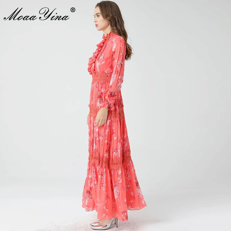 Spring Runway Elegant Party Dress Women Lace Patchwork Full Sleeve Vintage Floral Print Long Holiday 210524