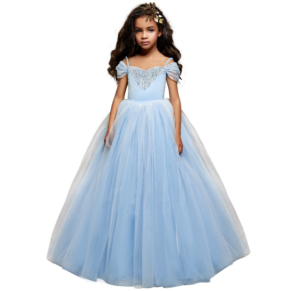Long Princess Cinderella Flower Girl Dresses Off-The-Shoulder Floor Length Ball Gown Blue Kids Pageant Gowns Newest Design Custom Made Dress 403