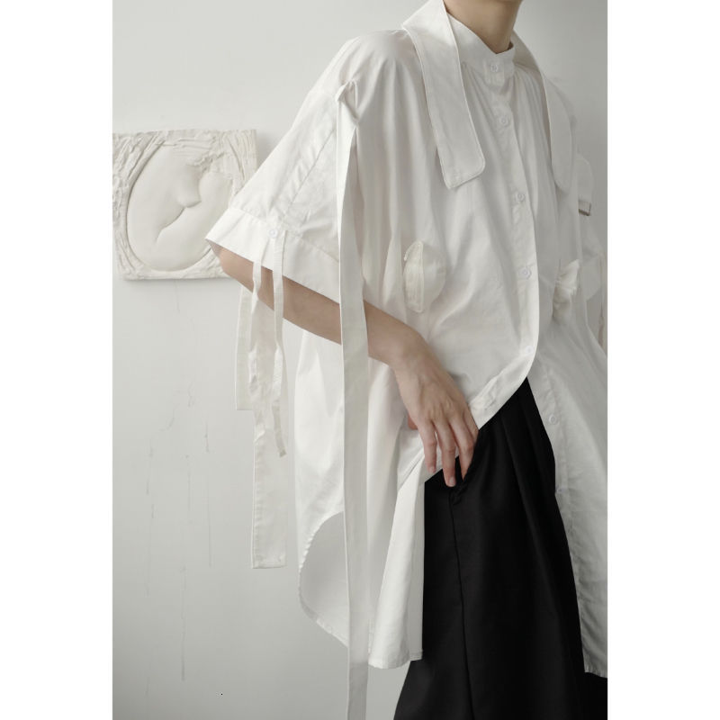 IEFB /men's wear Niche three-dimensional flower short sleeve asymmetric ribbon shirt for male high street large size shirt Y3380 210524