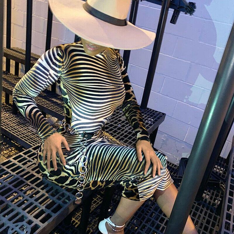 Fashion Bodycon Dress Women's Long Sleeve Sexy Ladies High Neck Party Slim Fitness Leopard Printed Dresses Casual