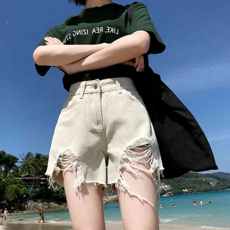 Spring Summer Women Jean Shorts with High Waist Denim Ripped Jeans for Hole Distressed White 210603, Beige
Spring Summer Women Jean Shorts with High Waist Denim Ripped Jeans for Hole Distressed White 210603, Beige