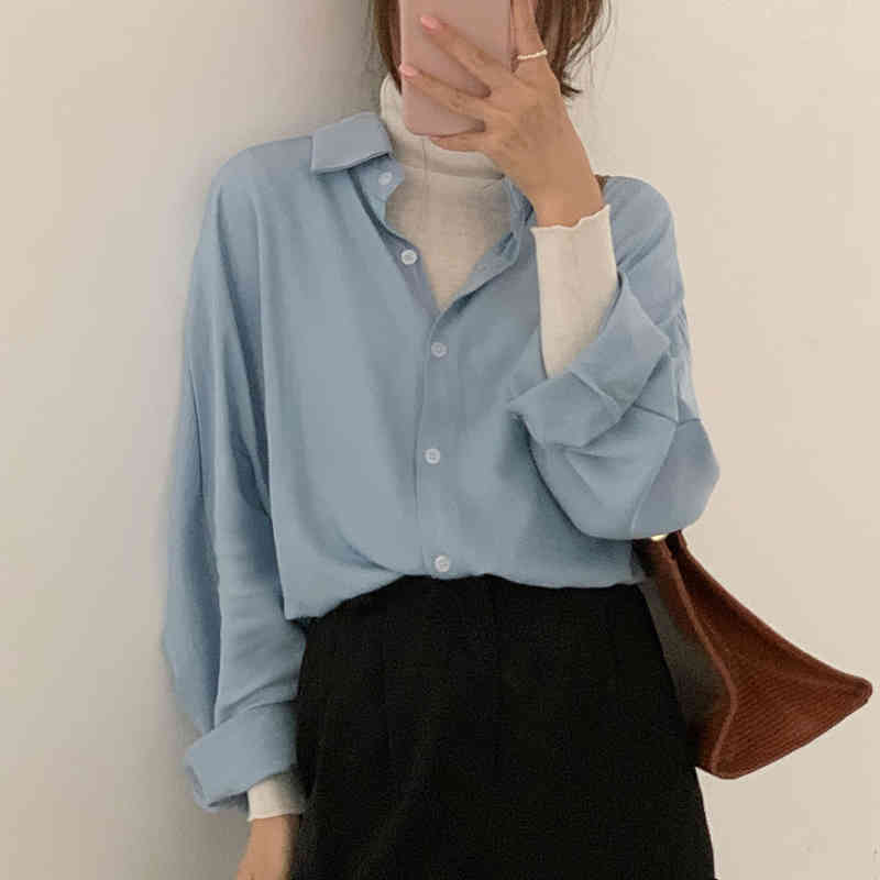 Autumn Korean Loose Women Blouses Shirts Full Sleeve Turn-down Collar Casual Fashion Solid Female Blusas Tops Femme 210514