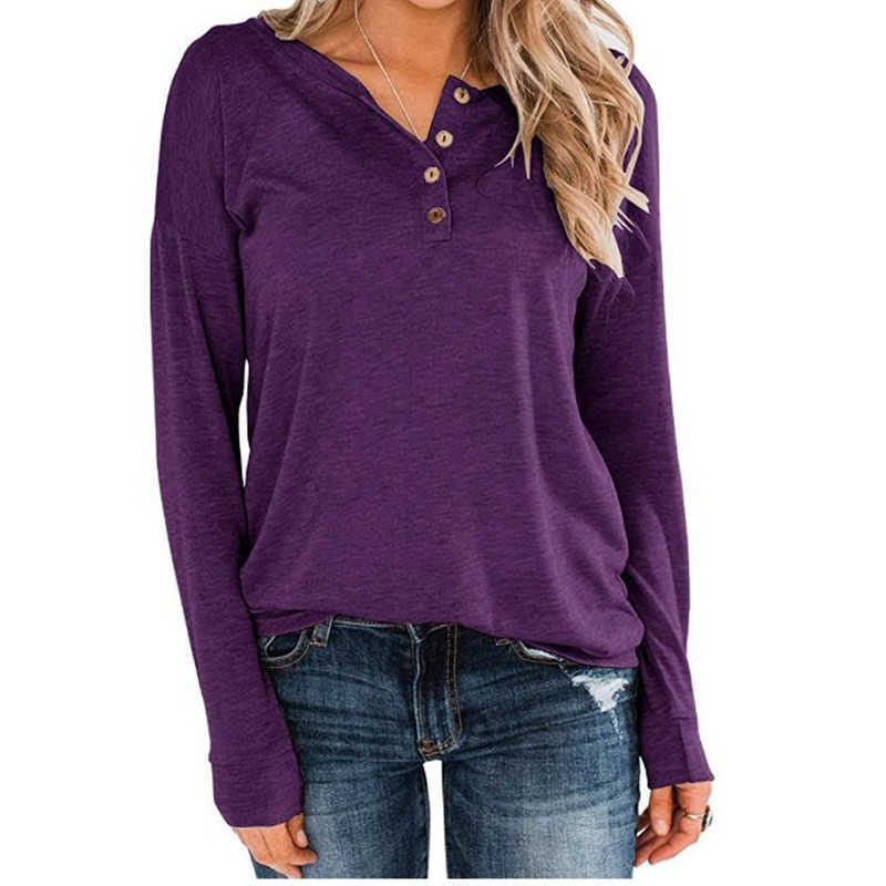 Plus Size Long Sleeve Women T-Shirts Casual Solid Color V Neck Buttons Loose Female Tee Tops Autumn Spring Pullover T Shirts 210526