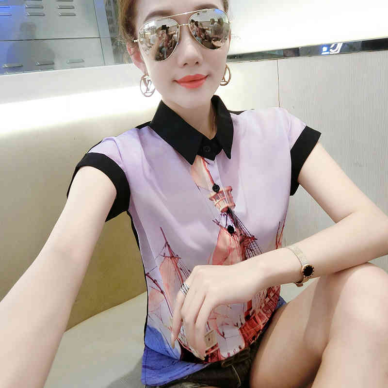 Summer Women's blouses fashion print short sleeve chiffon blouse women shirts turn down collar office ladies tops 4560 50 210508