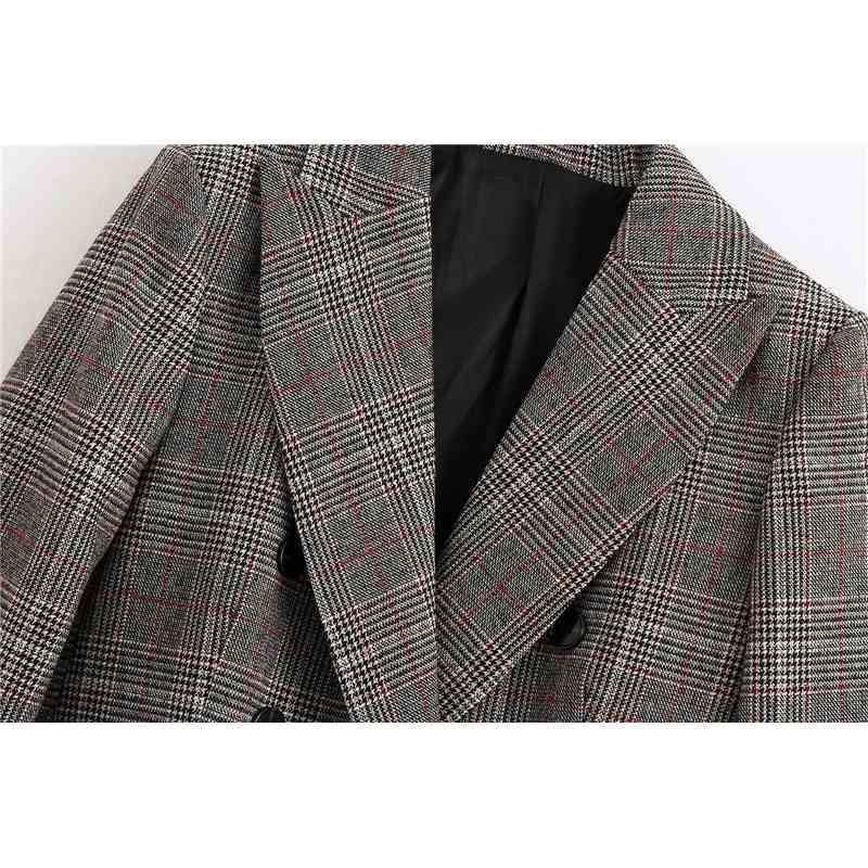 Streetwear Women Grey Plaid Jacket Fashion Vintage Ladies Double Breasted Blazer Causal Female Chic Pocket Long Suits 210430