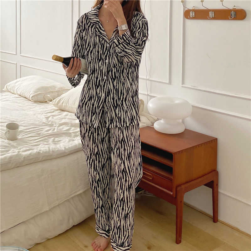Pijama Set Woman 2 Pieces Nightie Sleepwear Home Clothes Zebra Pattern Pajamas Girl Winter Pyjama Female Suit Outfits Homewear 210924