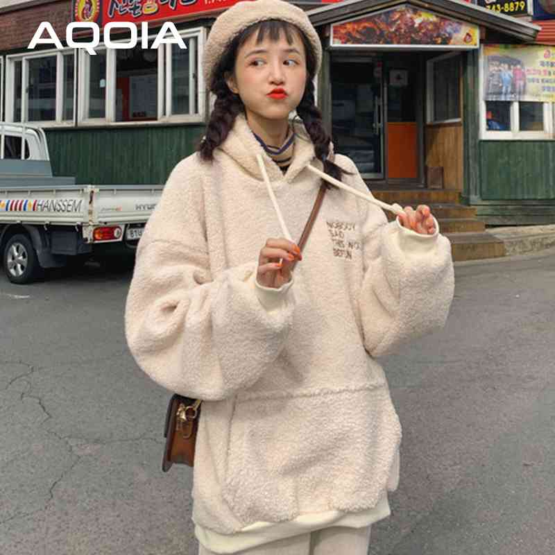 Autumn Chic Korean style Letter embroidery Women's Hoodies Warm Sweatshirt Casual INS Oversize Solid Color Female Pullovers 210521
