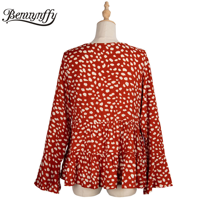 Casual Dot Print Long Sleeve Blouse Women Autumn Round Neck Pleated Shirts Female Clothes Loose Tops and Blouses 210510