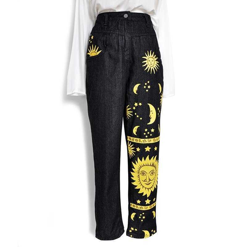 Digital Moon Star Printed Straight Pants Trendy Jeans Fashion Ladies High Waist Young Girls Chic Denim 210825