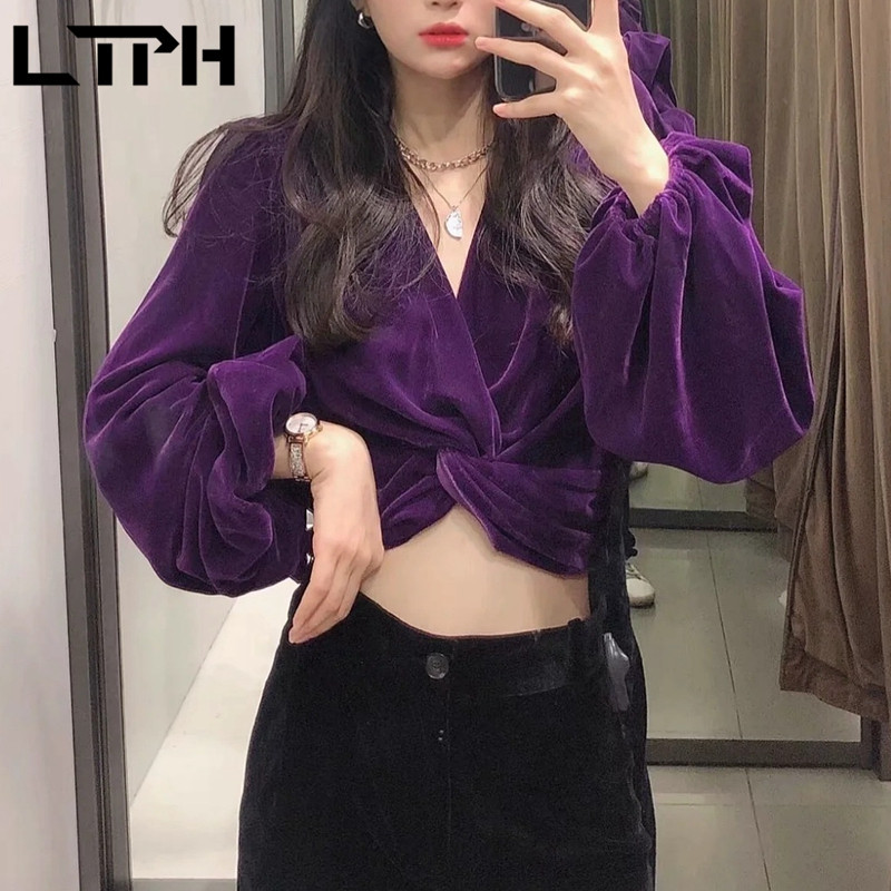 vintage V-Neck velour short women shirts Blouse Lantern sleeve purple temperament All-match tops Spring Autumn 210427
