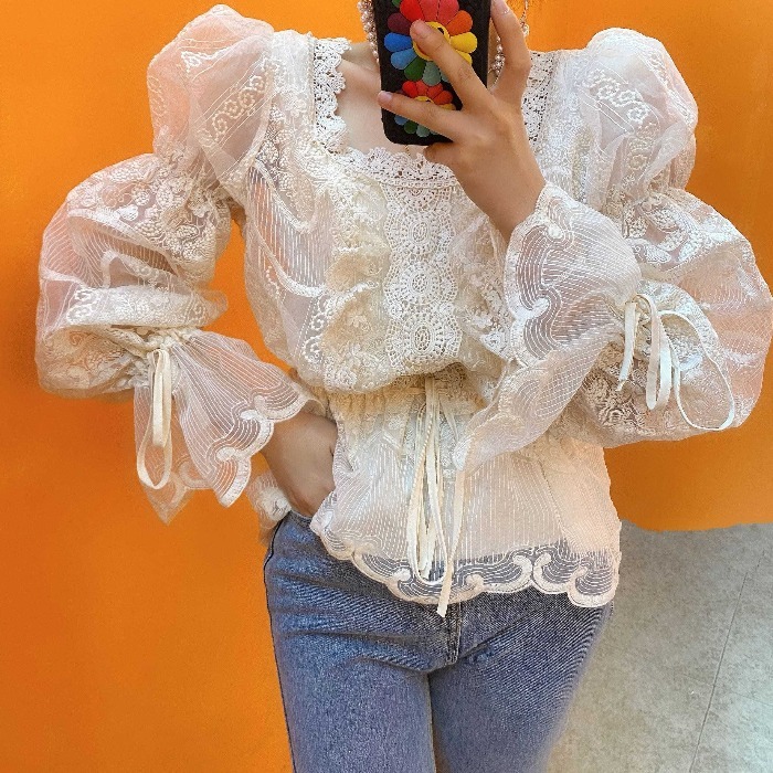 Korean Lace Patch Blouse Slim Waist Bandage Flare Long Sleeve Shirt Autumn Chic Elegant Square Collar Blusas Mujer 210519