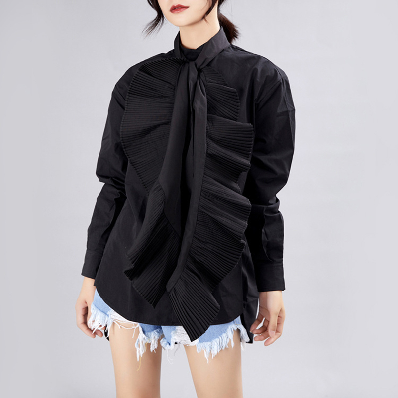 Elegant Black Patchwork Ruffle Shirt For Women Stand Collar Long Sleeve Solid Blouse Female Fashion Spring 210524