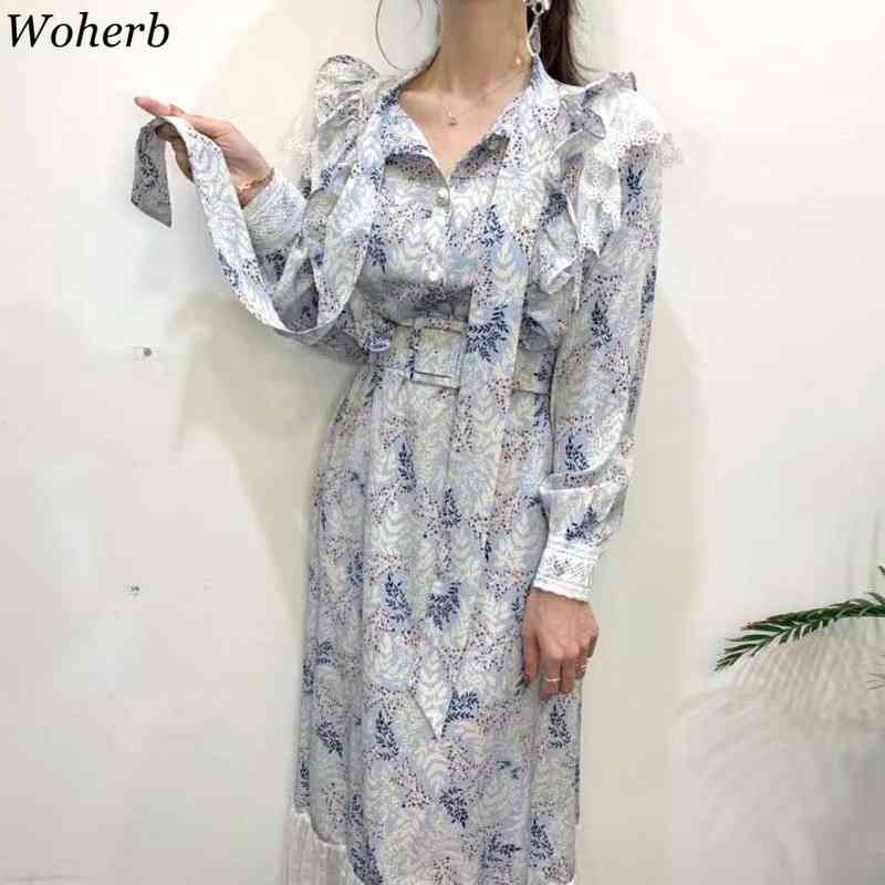 Vestidos Women Korean Sweet Temperament Ruffle Tie Dress Fashion Elegant Floral Slim Thin Lace Patchwork Fishtail Dresses 210519