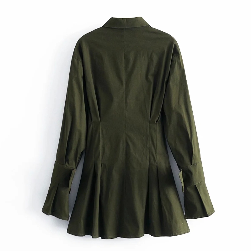 Women Army Green Slim Mini Shirt Dress Female Turndown Collar Long Sleeve Clothes Casual Lady Vestido D7018 210430