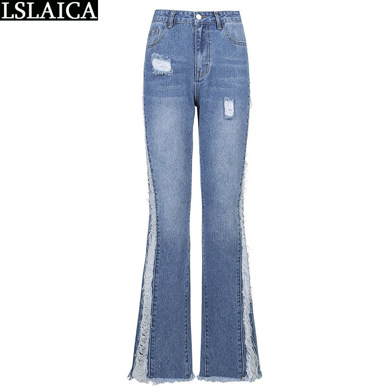 Jeans Woman Fashion Casual Placket with Zipper Trendy Women's Personality Denim Hole Stitching Color Matching Flared Trousers 210520