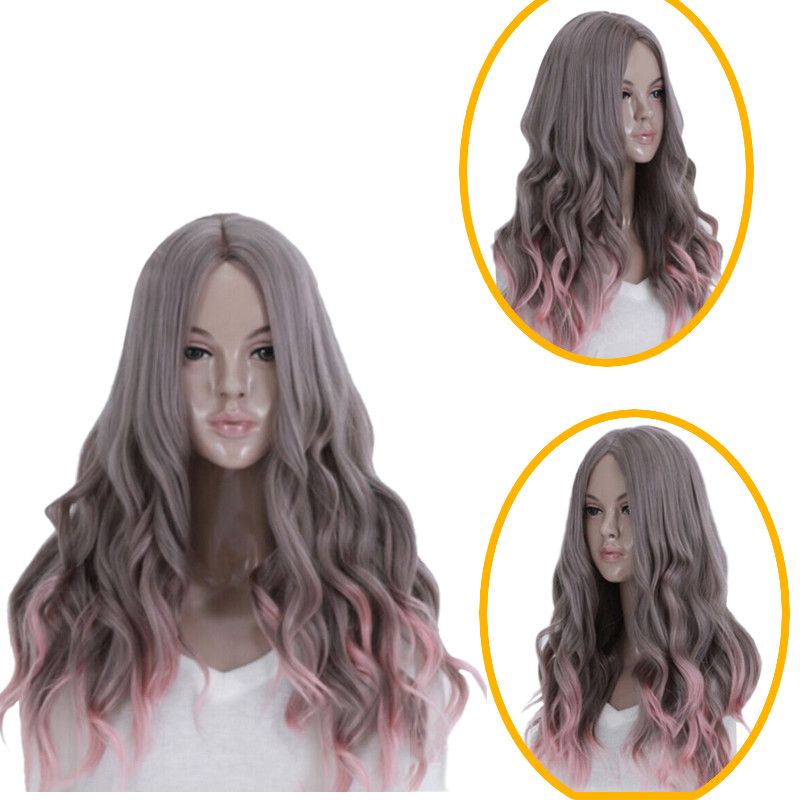 cheaps harajuku gradient blending grey pink wig cosplay long heat resistant wigs curly wavy wig synthetic hair wigs high quality