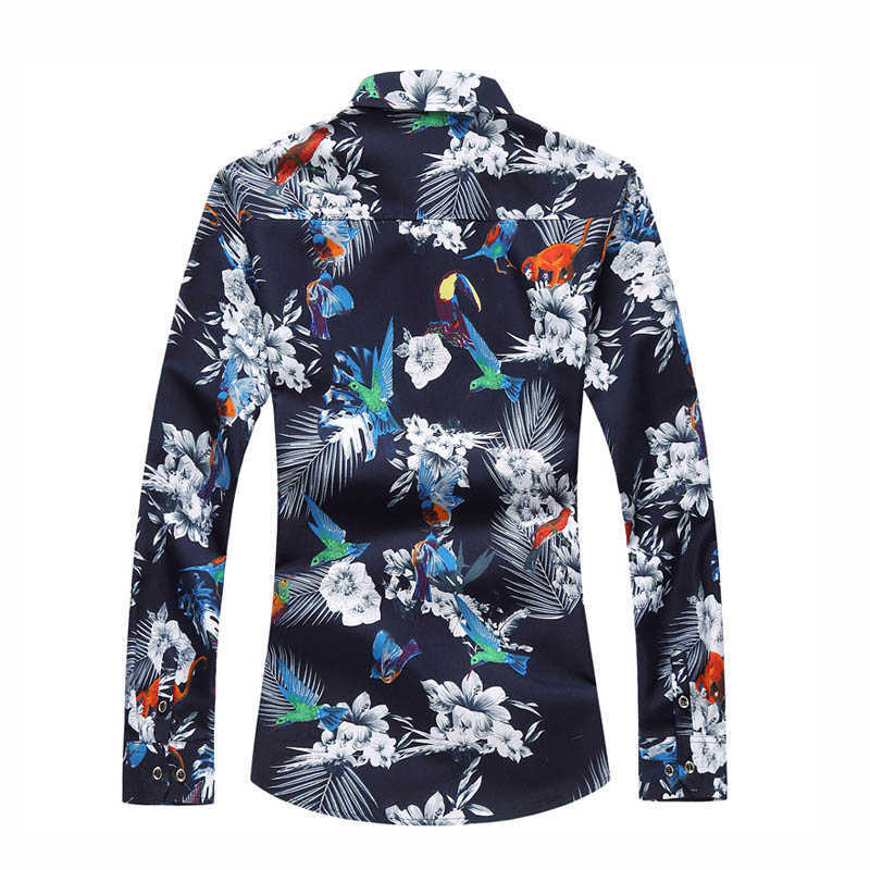 Men's Beach Floral Print Casual Cotton Button Up Long Sleeve Shirts 5XL 6XL 7XL 210528