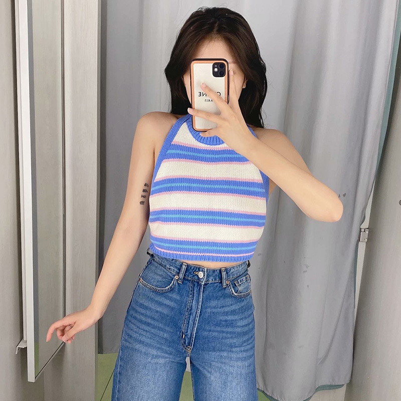 Vintage Striped Knitted Short Tank Top Women Sexy Party Backless Hater Crop Tops Fashion Streetwear Bow Vest 210521
