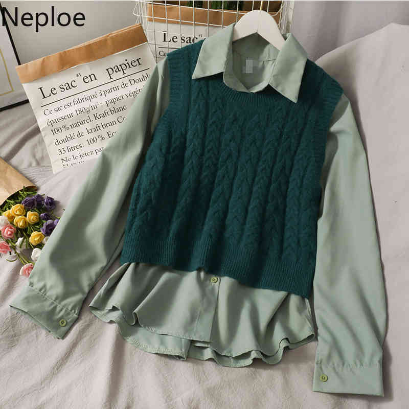 Neploe Fall Clothes for Women Two Piece Set Solid Color Shirts Tops Knitted Sweater Vest Chic Korean Suit 2 Piece Outfits Woman 210422