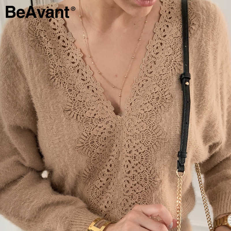 BeAvant Sexy khaki knitted backless women dress V-neck lace up bodycon short dress Office street autumn winter dress 210709