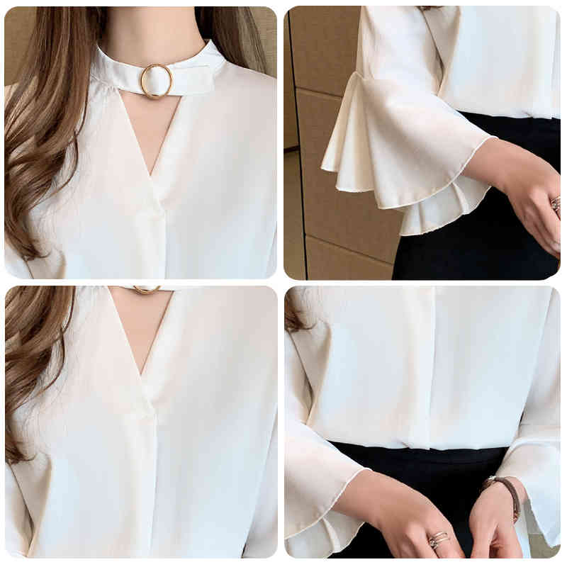 Fashion Women Summer Casual Shirts Office Lady Short Sleeve Blouse Korean Ruffled V-neck Solid Clothing Blusas 10493 210506