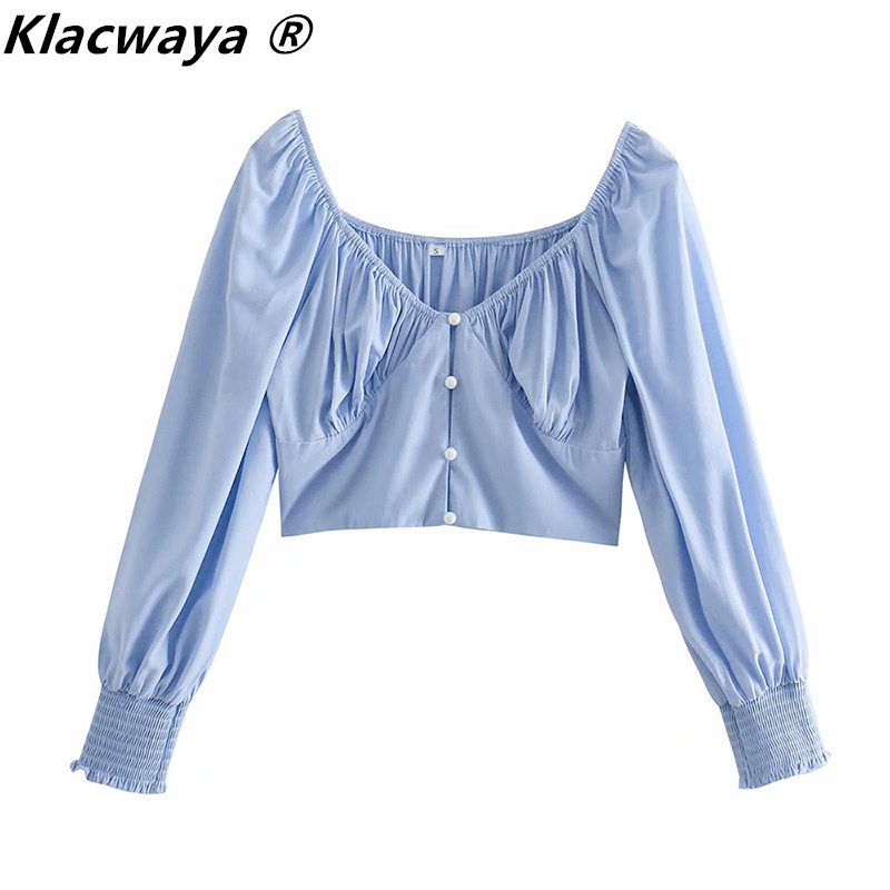 French Style Women V Neck Solid Color Short Shirt Femme Puff Sleeve Hem Elastic Pleated Slim Blouse Chic Crop Tops 210521, Blue
French Style Women V Neck Solid Color Short Shirt Femme Puff Sleeve Hem Elastic Pleated Slim Blouse Chic Crop Tops 210521, Blue