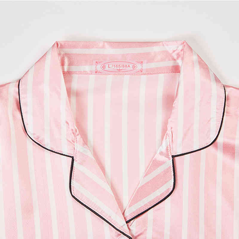 Pink Women's 7 Pieces Pajamas Sets Faux Silk Striped Pyjama Women Sleepwear Sets Spring Summer Autumn Homewear 210326