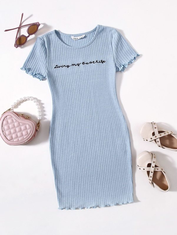 Girls Lettuce Trim Embroidery Letter Rib-knit Dress SHE