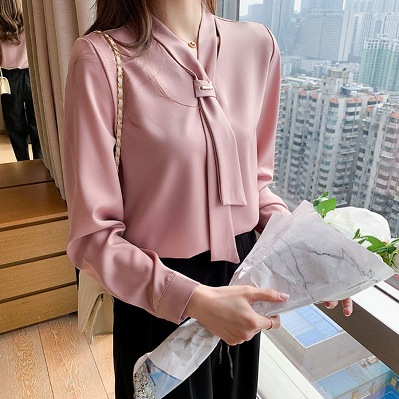 Spring Chiffon Women Blouse Fashion Office Lady Long Sleeve Solid Shirt with Tie V Neck Loose Top Female 13022 210427
