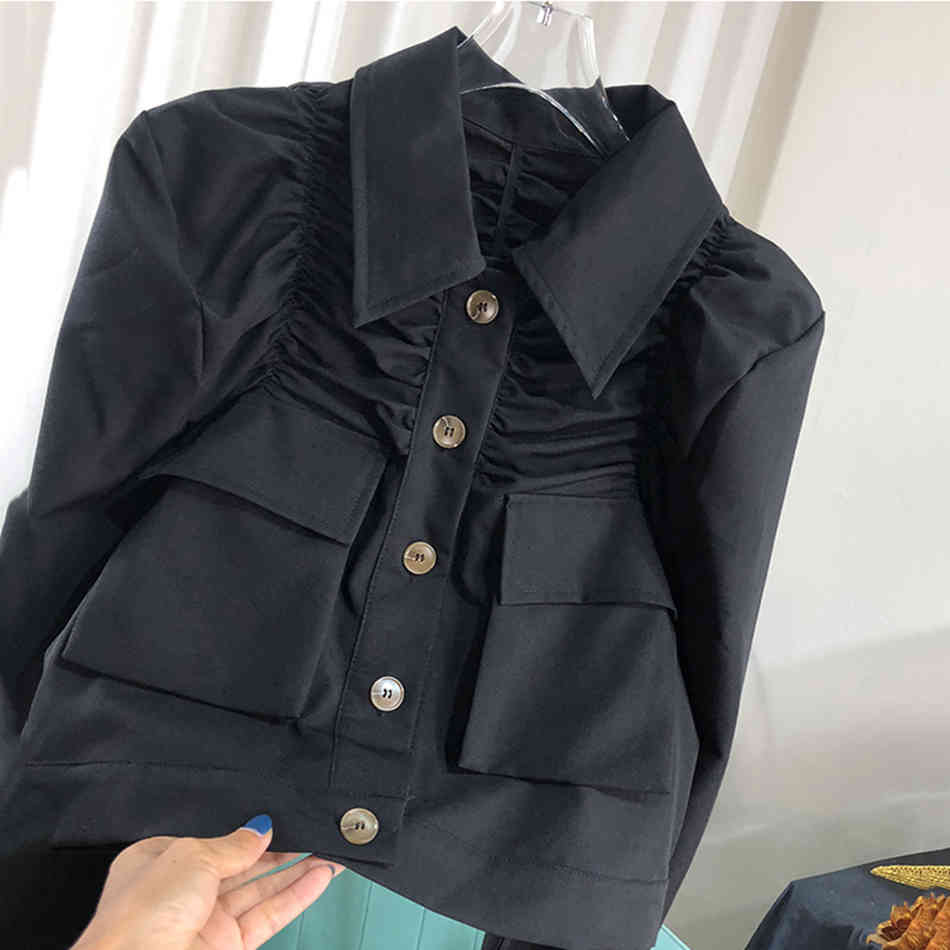 Free Fashion Ladies Blouse Top Elegant Bubble Long Sleeve Shirt Single Breasted Draped Pocket Short 210524